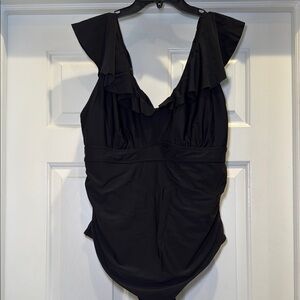 Black Ruffled One-Piece Swimsuit Tummy Control